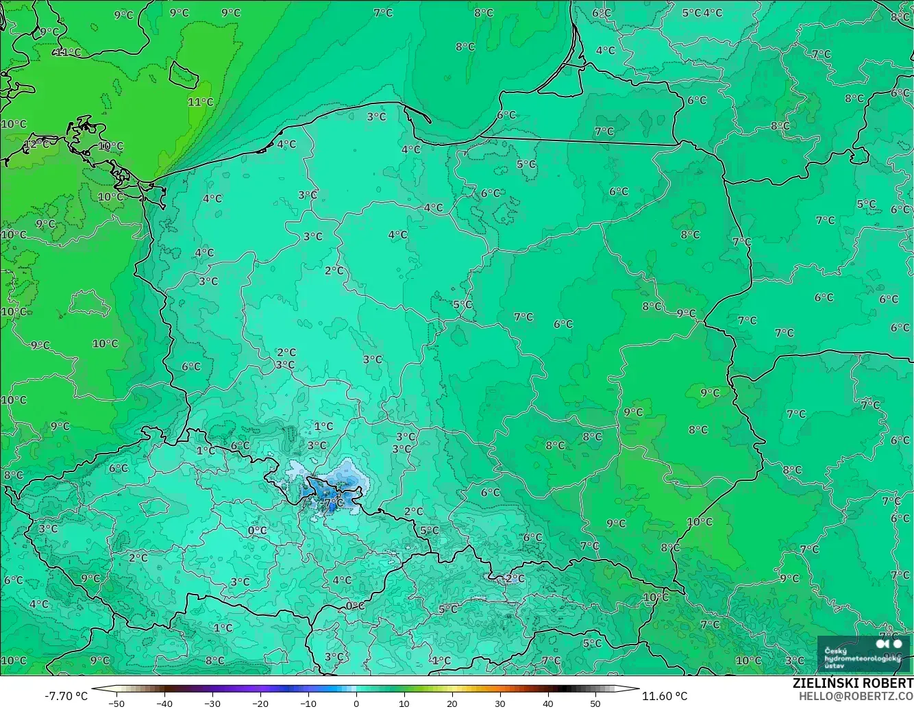 ALADIN CZ 2.3 km modelo - Polonia, Punto de rocío a 2 m