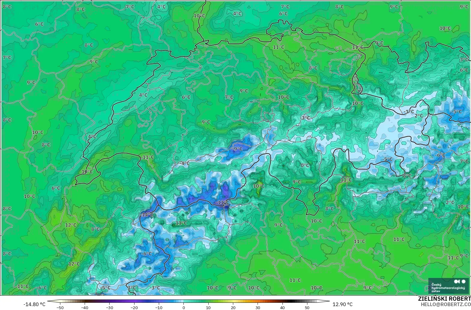 ALADIN CZ 2.3 km modelo - Suiza, Punto de rocío a 2 m