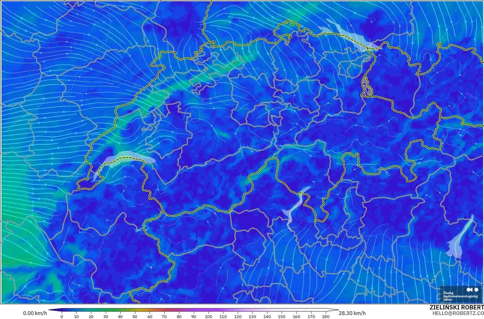 ALADIN CZ 2.3 km modelo - Suiza, Viento a 10 m