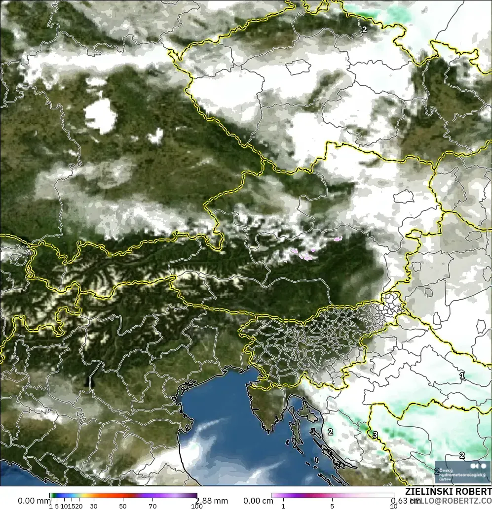 ALADIN CZ 2.3 km modelo - Austria, Precipitación, nubes y presión