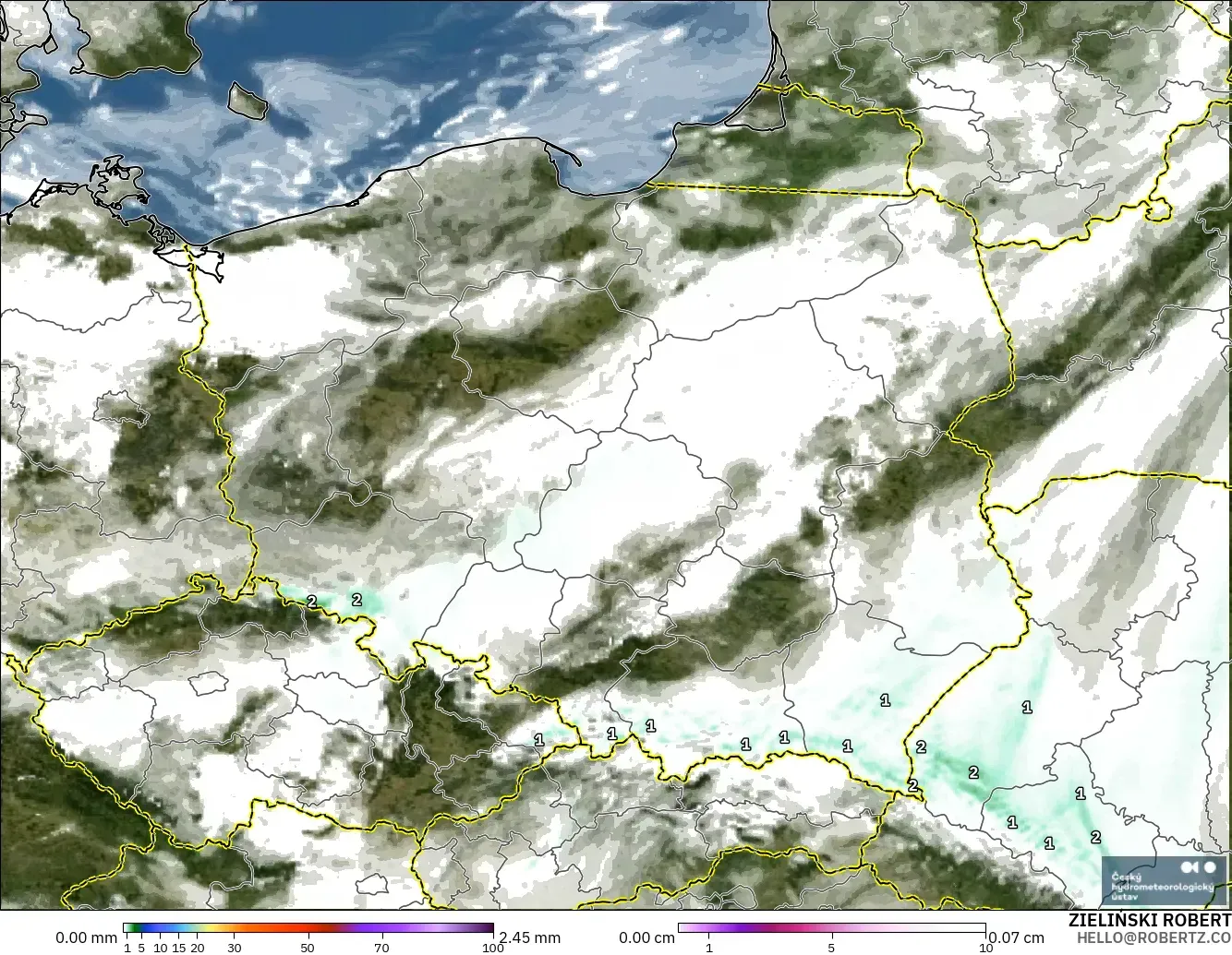 ALADIN CZ 2.3 km modelo - Polonia, Precipitación, nubes y presión