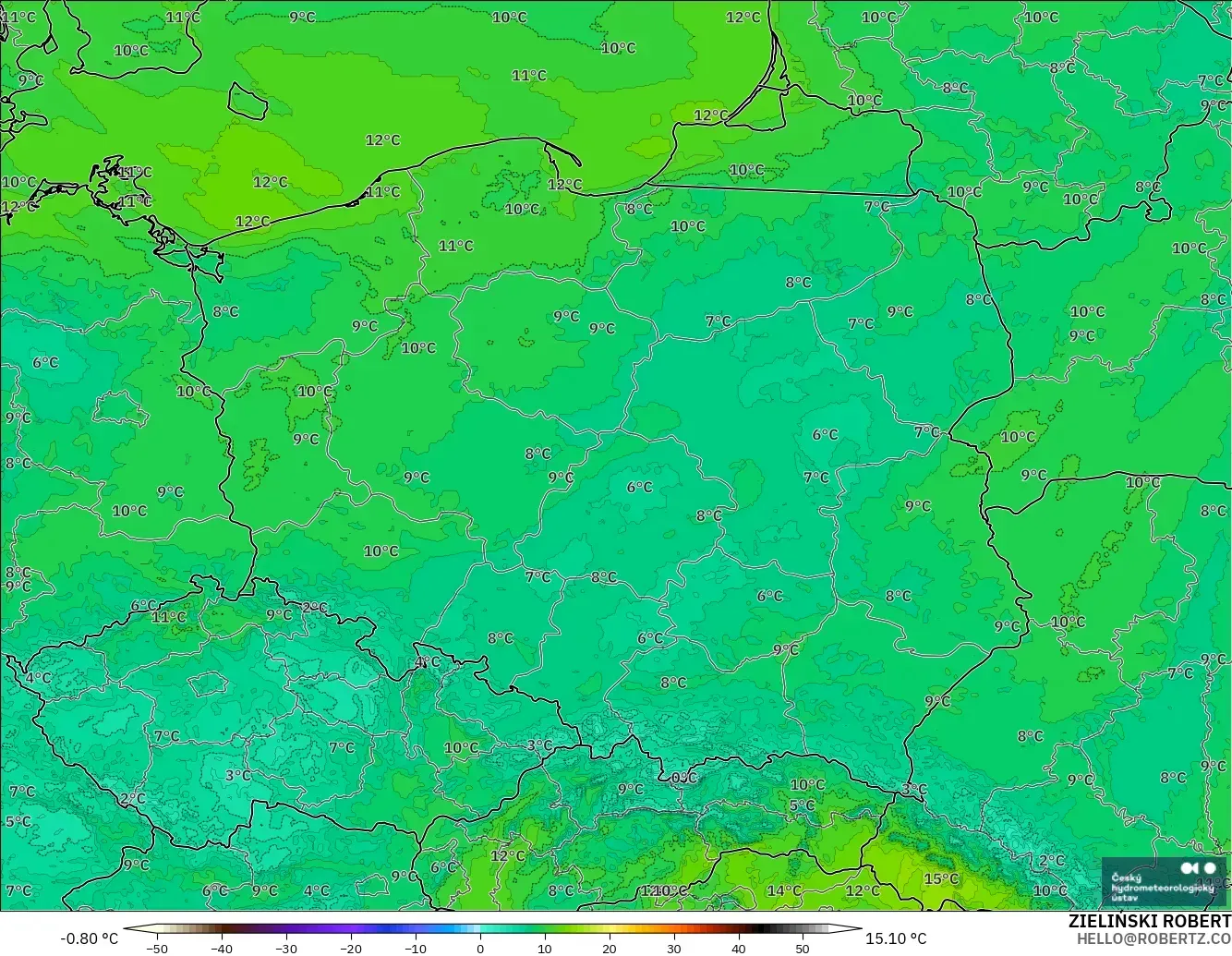 ALADIN CZ 2.3 km modelo - Polonia, Temperatura a 2 m