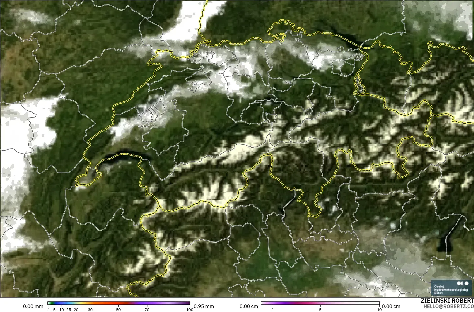 ALADIN CZ 2.3 km modelo - Suiza, Precipitación, nubes y presión