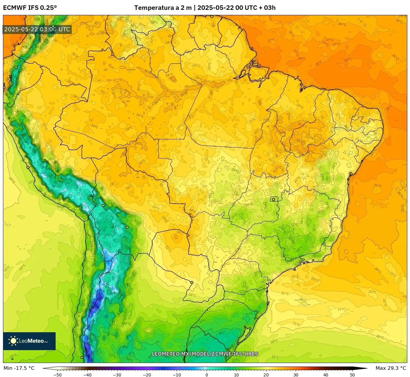 ECMWF IFS 0.25° model - Brasil, Temperatura a 2 m ECMWF IFS 0.25° model - Brasil, Temperatura a 2 m
