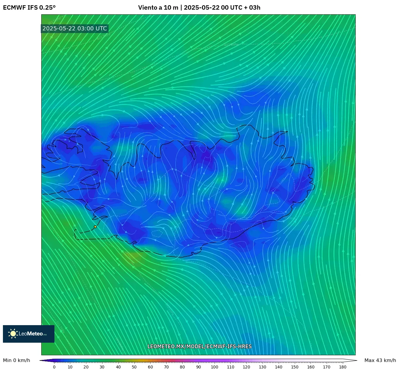 ECMWF IFS 0.25° model - Islandia, Viento a 10 m ECMWF IFS 0.25° model - Islandia, Viento a 10 m