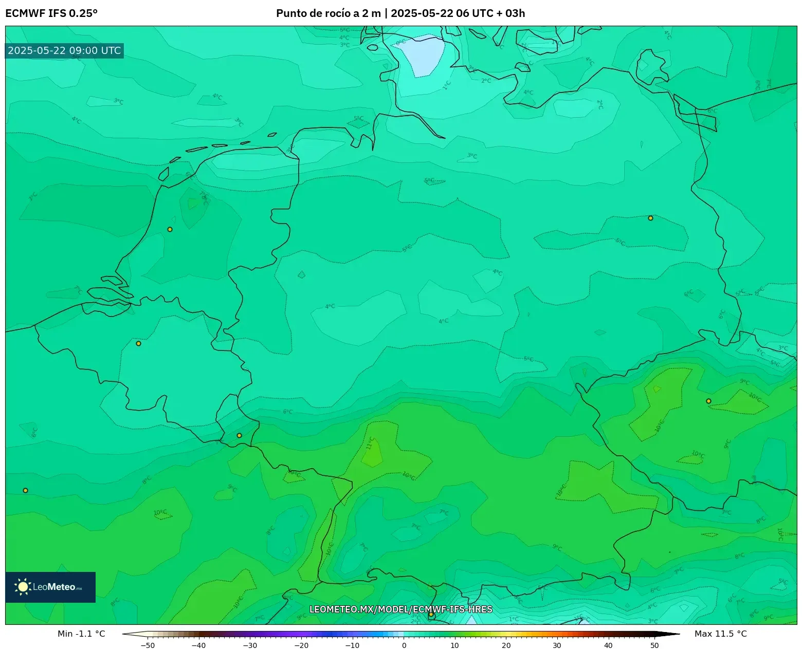 ECMWF IFS 0.25° model - Alemania, Punto de rocío a 2 m ECMWF IFS 0.25° model - Alemania, Punto de rocío a 2 m