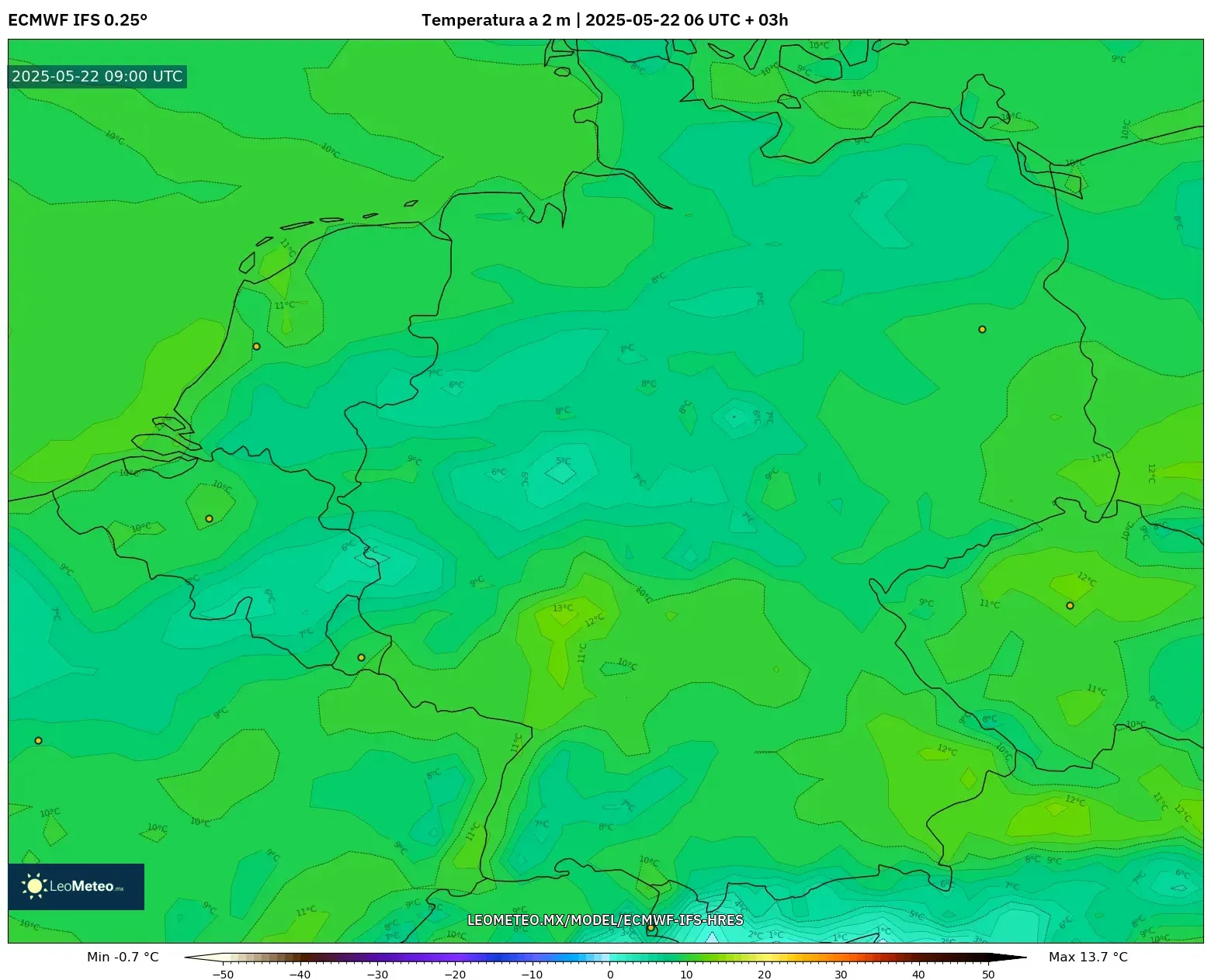 ECMWF IFS 0.25° model - Alemania, Temperatura a 2 m ECMWF IFS 0.25° model - Alemania, Temperatura a 2 m