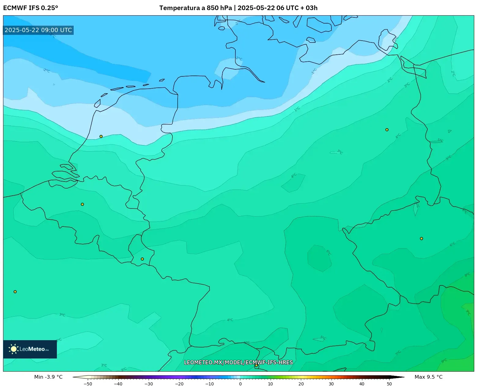 ECMWF IFS 0.25° model - Alemania, Temperatura a 850 hPa ECMWF IFS 0.25° model - Alemania, Temperatura a 850 hPa