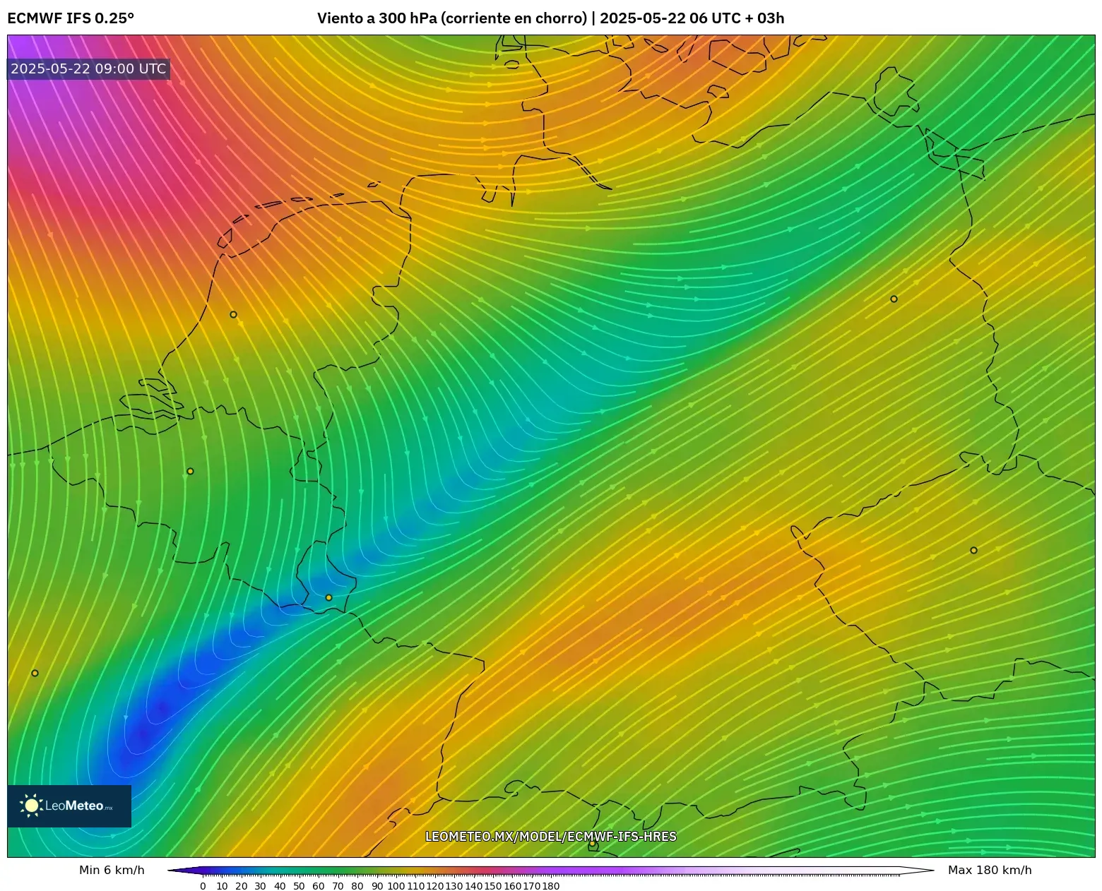 ECMWF IFS 0.25° model - Alemania, Viento a 300 hPa (corriente en chorro) ECMWF IFS 0.25° model - Alemania, Viento a 300 hPa (corriente en chorro)