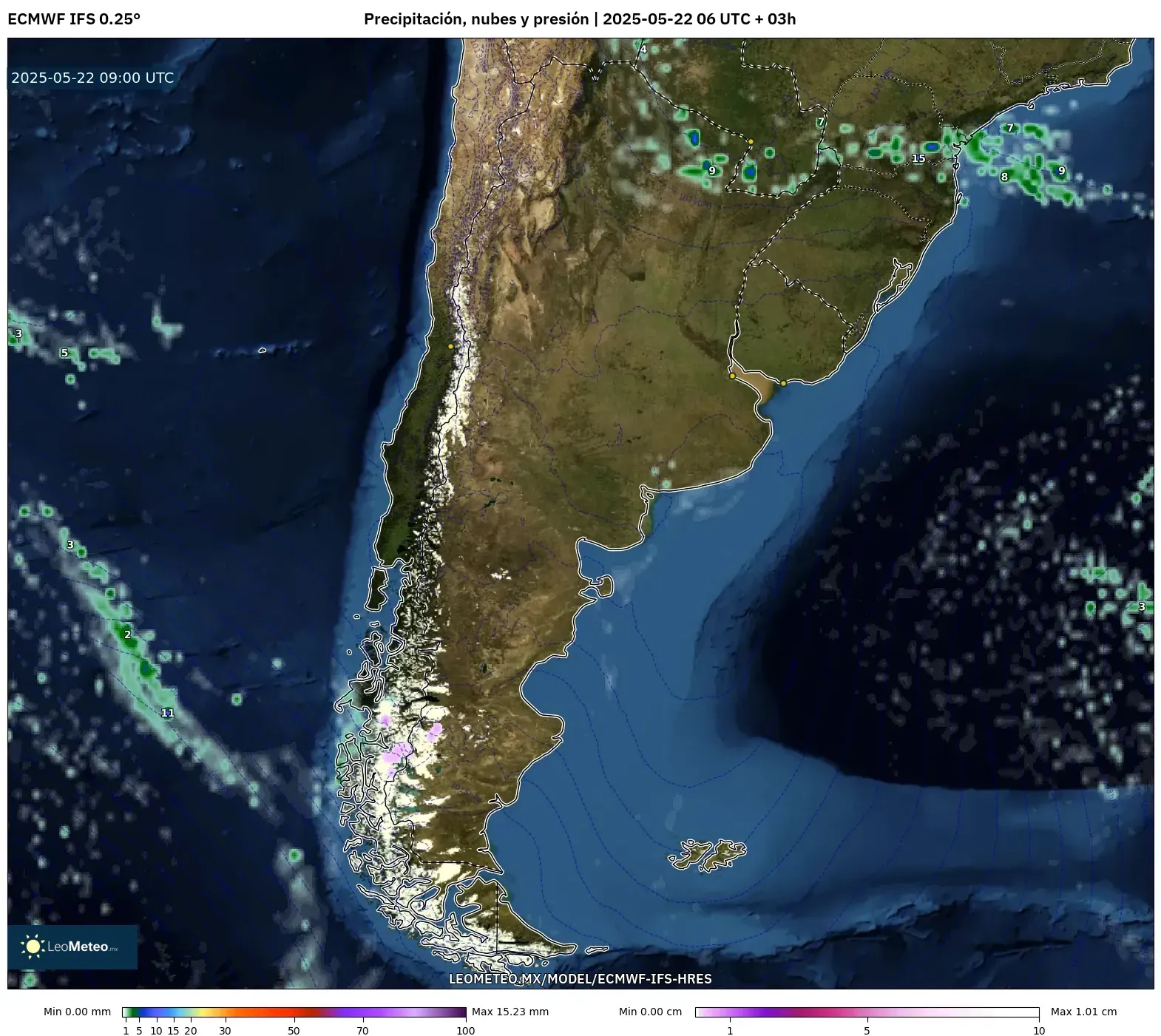 ECMWF IFS 0.25° model - Argentina, Precipitación, nubes y presión ECMWF IFS 0.25° model - Argentina, Precipitación, nubes y presión