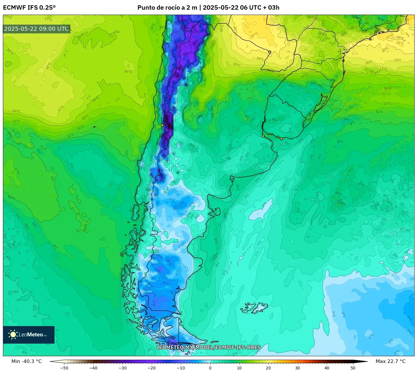 ECMWF IFS 0.25° model - Argentina, Punto de rocío a 2 m ECMWF IFS 0.25° model - Argentina, Punto de rocío a 2 m
