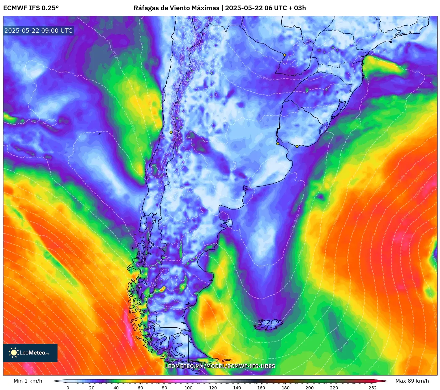 ECMWF IFS 0.25° model - Argentina, Ráfagas de Viento Máximas ECMWF IFS 0.25° model - Argentina, Ráfagas de Viento Máximas