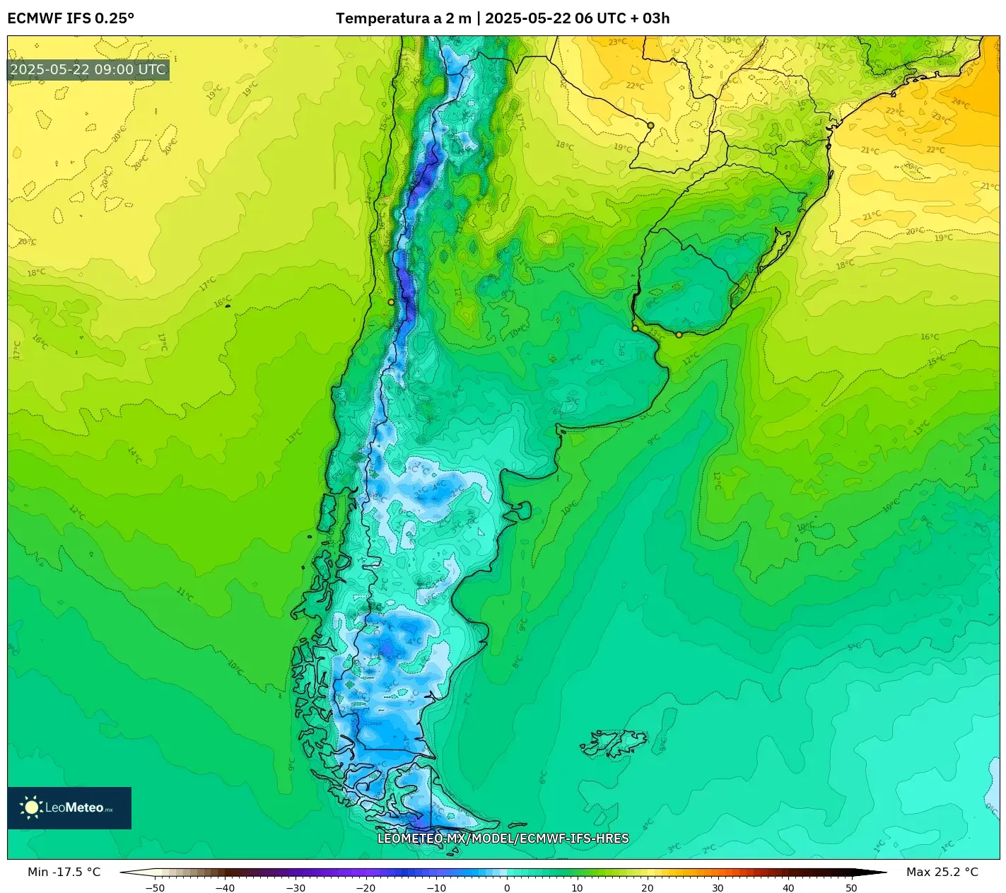 ECMWF IFS 0.25° model - Argentina, Temperatura a 2 m ECMWF IFS 0.25° model - Argentina, Temperatura a 2 m