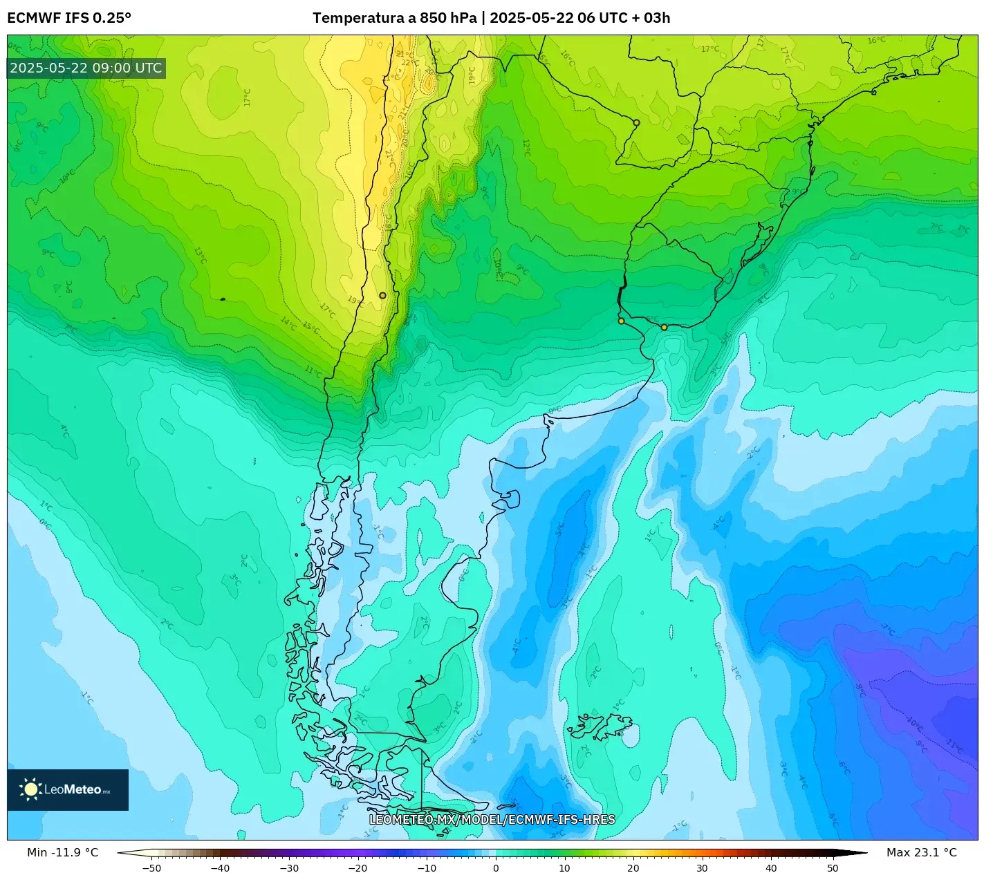 ECMWF IFS 0.25° model - Argentina, Temperatura a 850 hPa ECMWF IFS 0.25° model - Argentina, Temperatura a 850 hPa