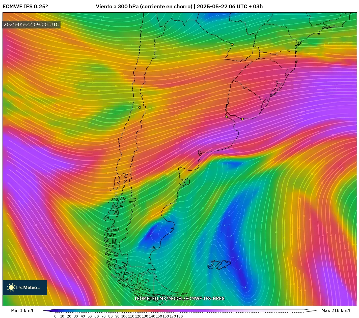 ECMWF IFS 0.25° model - Argentina, Viento a 300 hPa (corriente en chorro) ECMWF IFS 0.25° model - Argentina, Viento a 300 hPa (corriente en chorro)