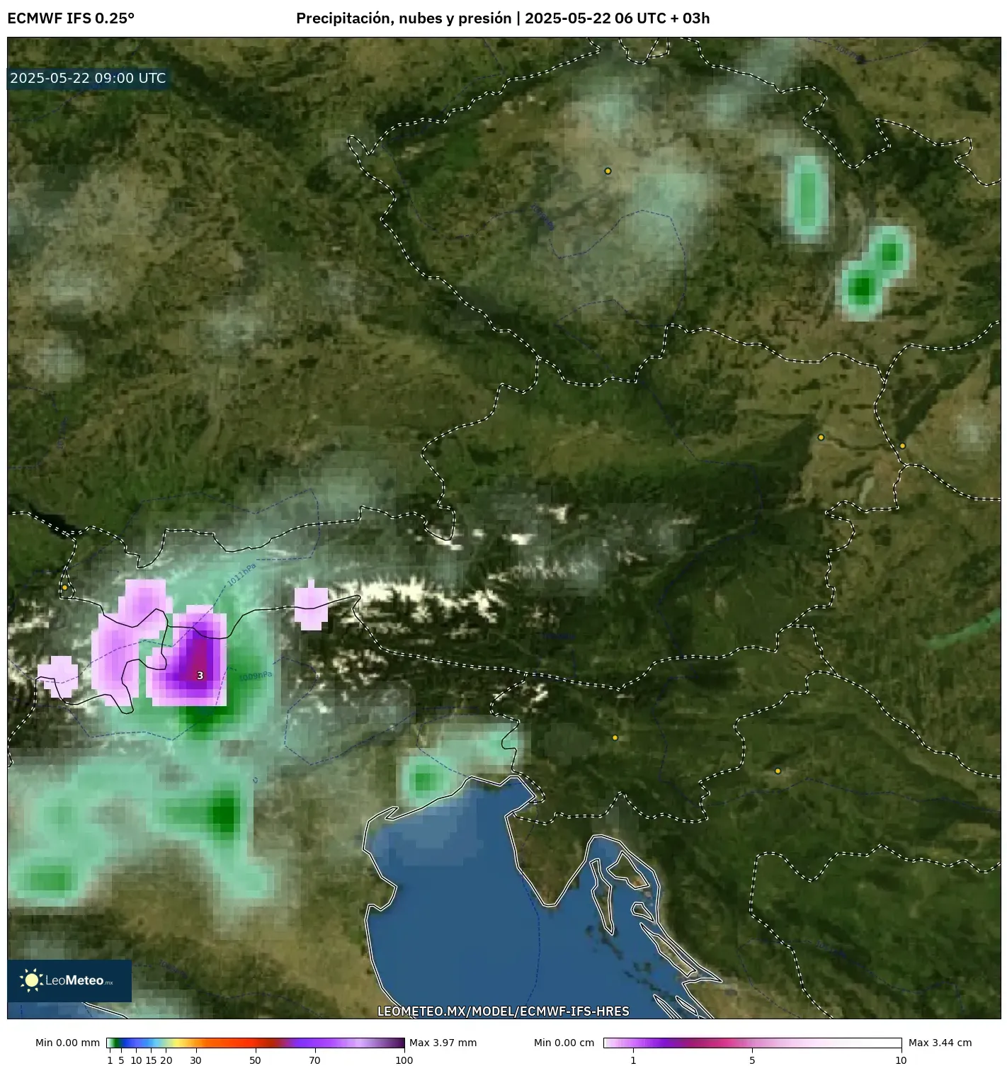 ECMWF IFS 0.25° model - Austria, Precipitación, nubes y presión ECMWF IFS 0.25° model - Austria, Precipitación, nubes y presión