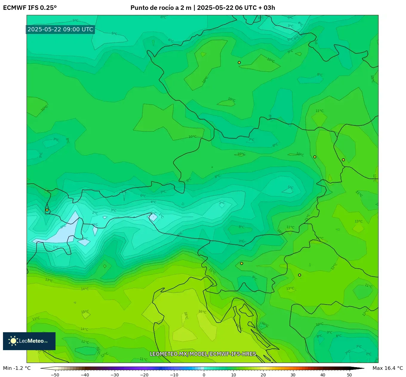 ECMWF IFS 0.25° model - Austria, Punto de rocío a 2 m ECMWF IFS 0.25° model - Austria, Punto de rocío a 2 m
