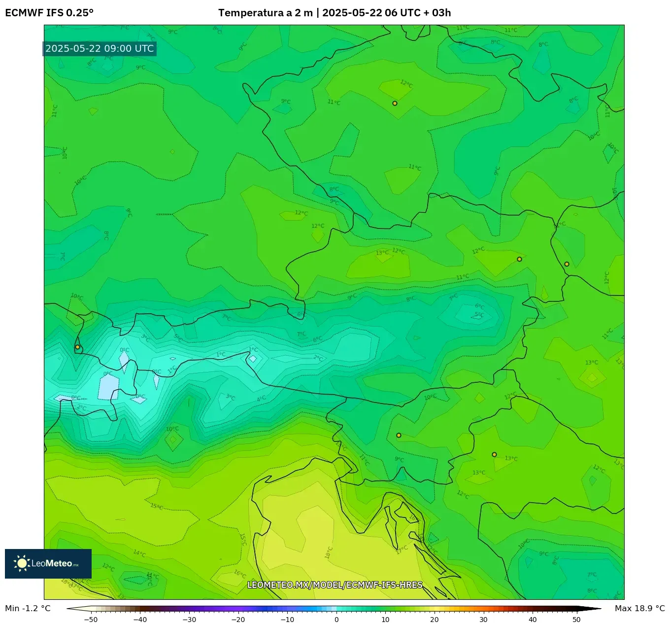 ECMWF IFS 0.25° model - Austria, Temperatura a 2 m ECMWF IFS 0.25° model - Austria, Temperatura a 2 m