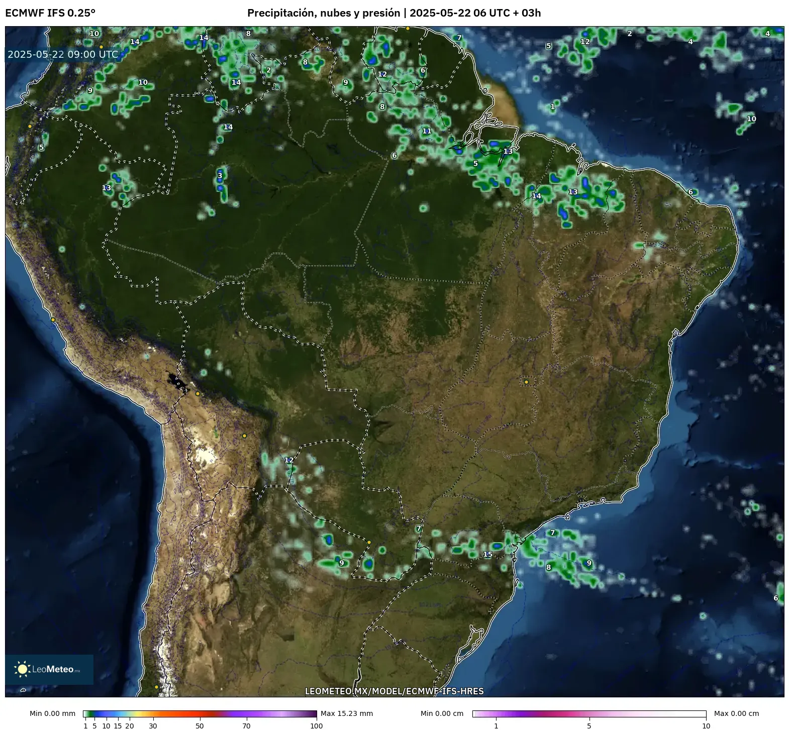 ECMWF IFS 0.25° model - Brasil, Precipitación, nubes y presión ECMWF IFS 0.25° model - Brasil, Precipitación, nubes y presión