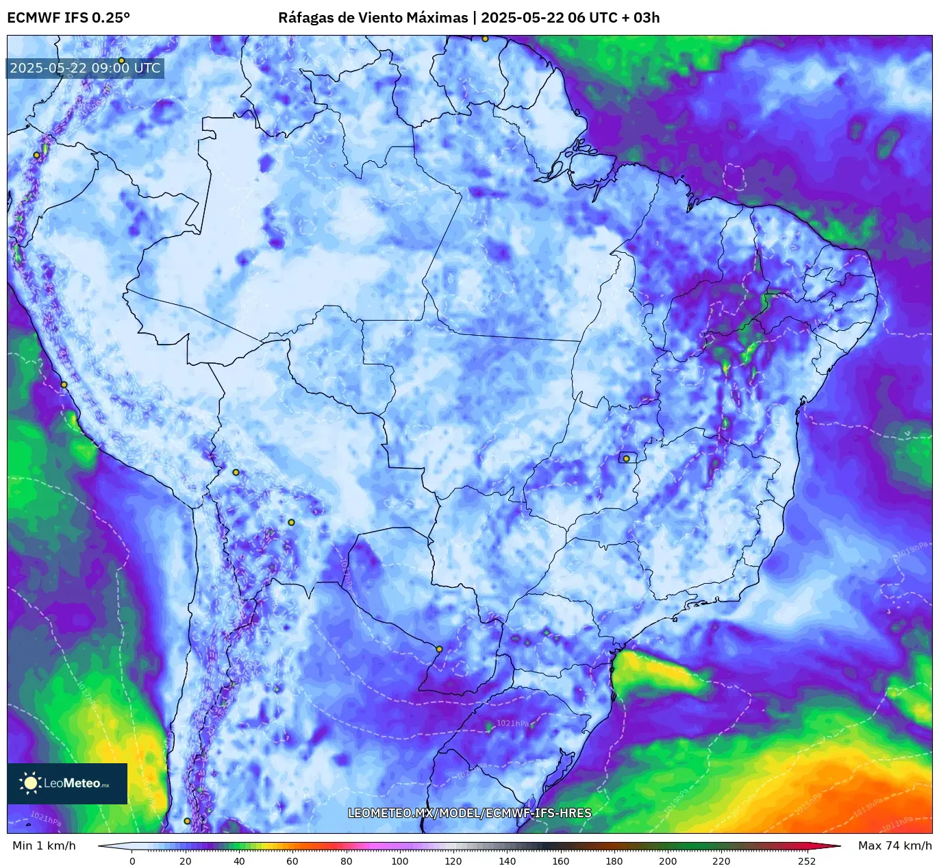 ECMWF IFS 0.25° model - Brasil, Ráfagas de Viento Máximas ECMWF IFS 0.25° model - Brasil, Ráfagas de Viento Máximas
