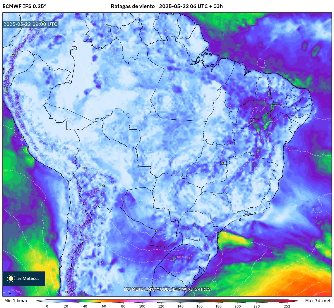 ECMWF IFS 0.25° model - Brasil, Ráfagas de viento ECMWF IFS 0.25° model - Brasil, Ráfagas de viento