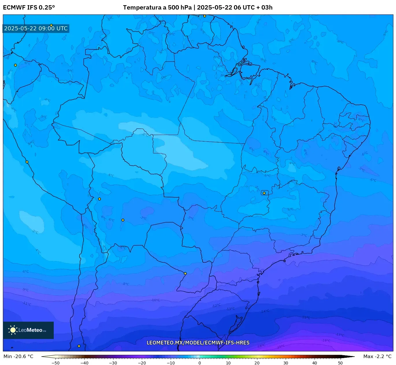 ECMWF IFS 0.25° model - Brasil, Temperatura a 500 hPa ECMWF IFS 0.25° model - Brasil, Temperatura a 500 hPa