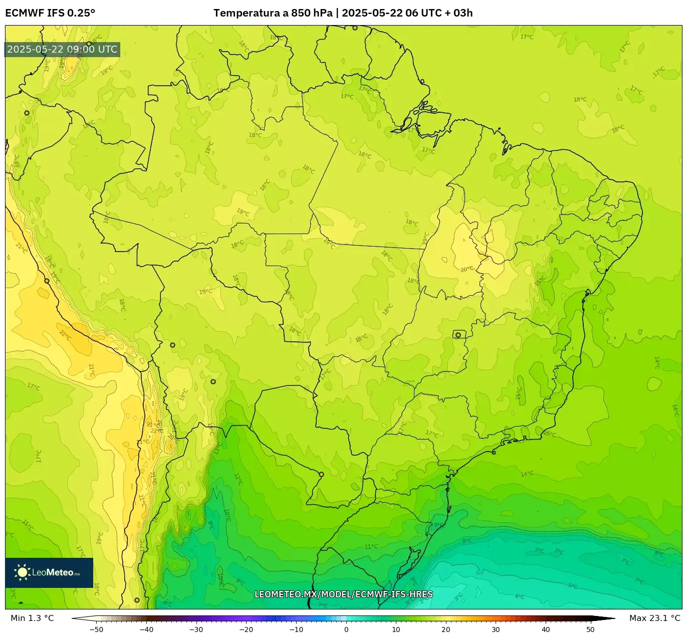 ECMWF IFS 0.25° model - Brasil, Temperatura a 850 hPa ECMWF IFS 0.25° model - Brasil, Temperatura a 850 hPa