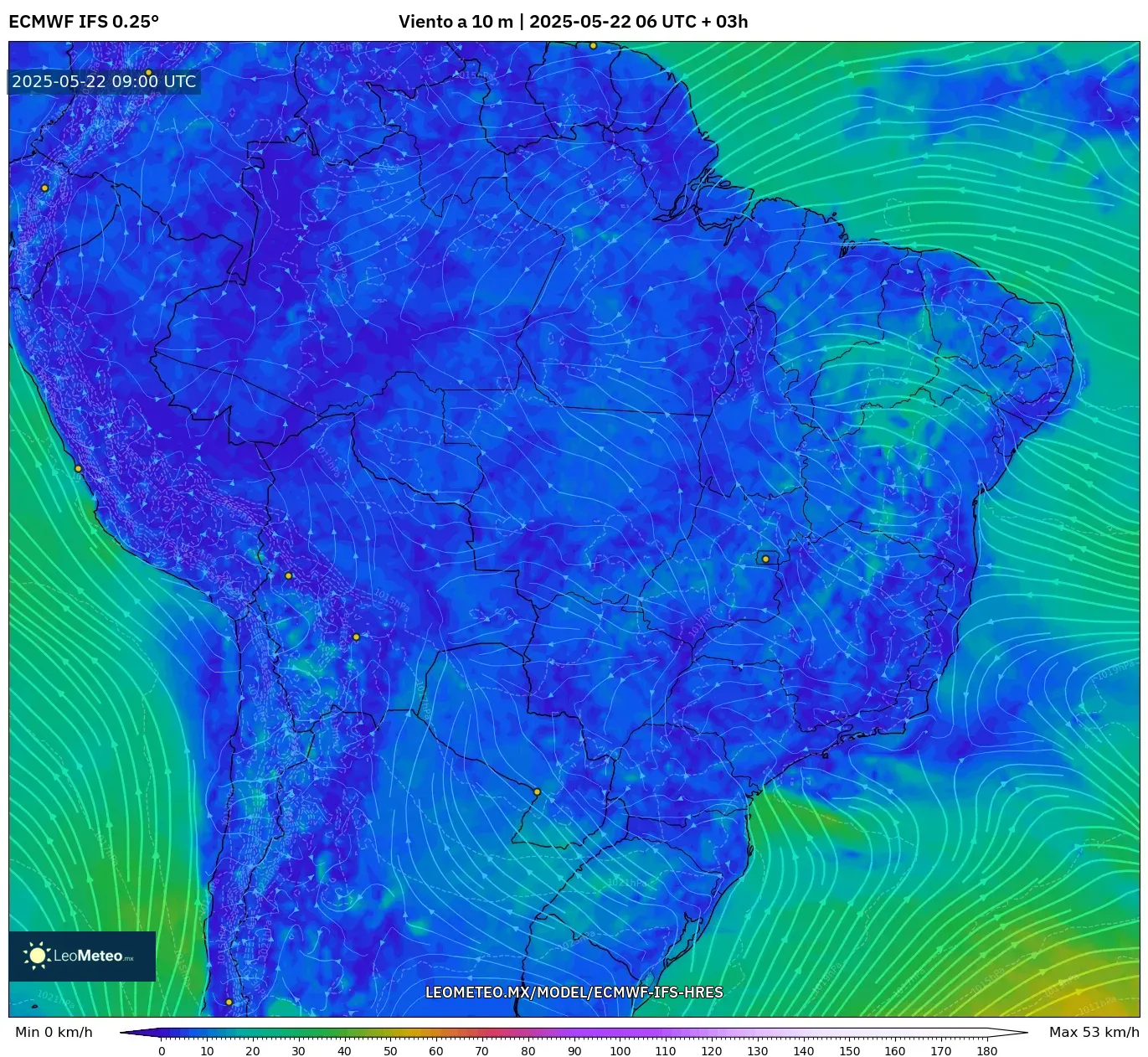 ECMWF IFS 0.25° model - Brasil, Viento a 10 m ECMWF IFS 0.25° model - Brasil, Viento a 10 m