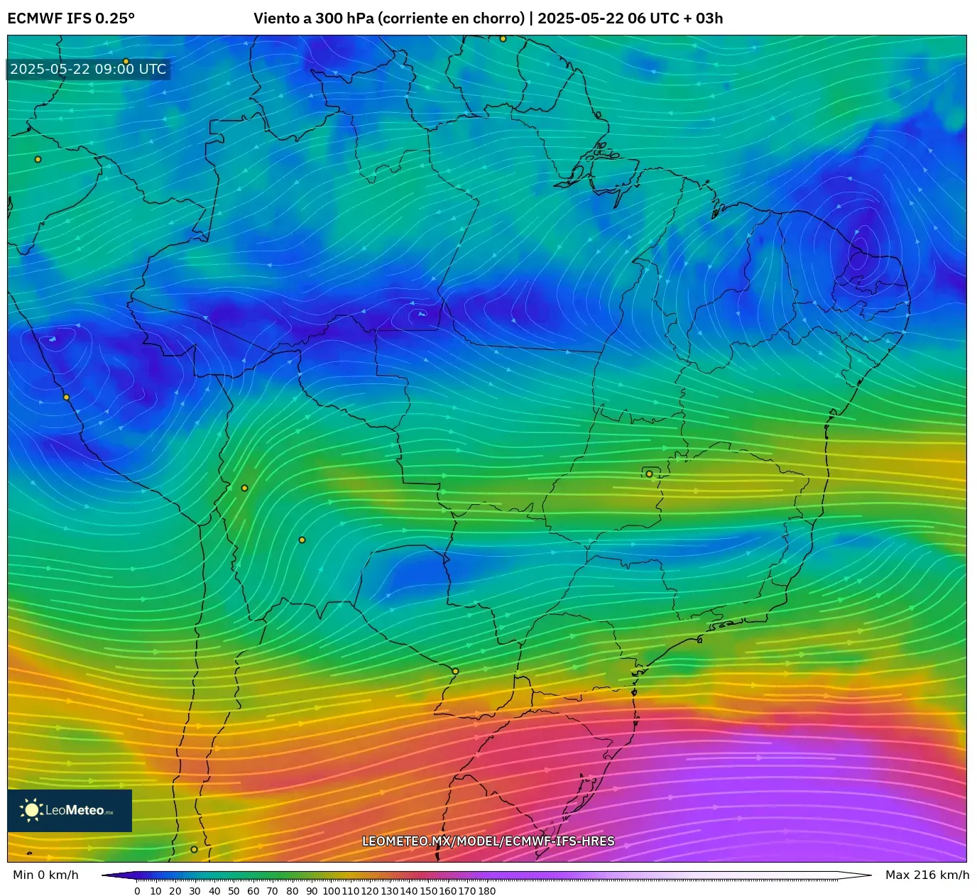ECMWF IFS 0.25° model - Brasil, Viento a 300 hPa (corriente en chorro) ECMWF IFS 0.25° model - Brasil, Viento a 300 hPa (corriente en chorro)