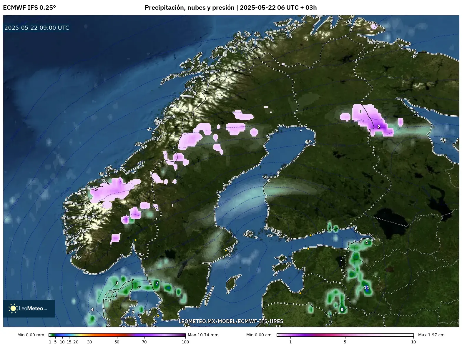 ECMWF IFS 0.25° model - Escandinavia, Precipitación, nubes y presión ECMWF IFS 0.25° model - Escandinavia, Precipitación, nubes y presión