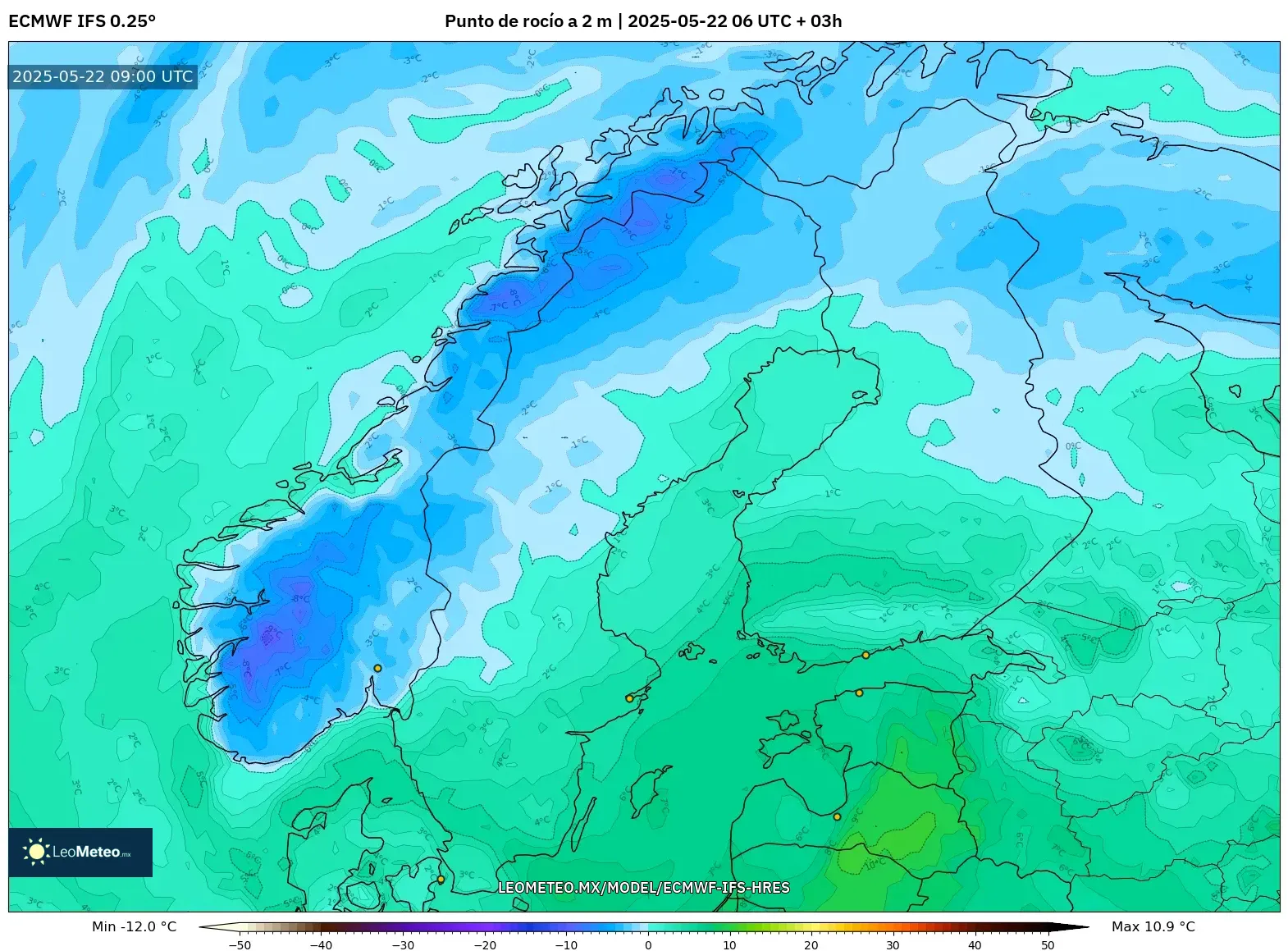 ECMWF IFS 0.25° model - Escandinavia, Punto de rocío a 2 m ECMWF IFS 0.25° model - Escandinavia, Punto de rocío a 2 m