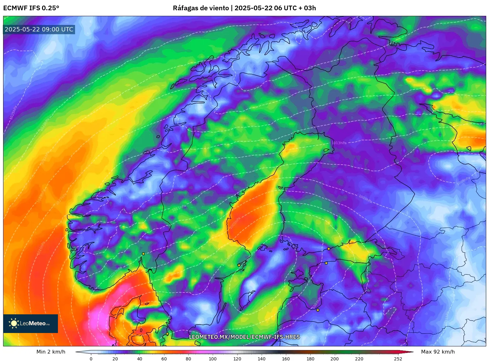 ECMWF IFS 0.25° model - Escandinavia, Ráfagas de viento ECMWF IFS 0.25° model - Escandinavia, Ráfagas de viento