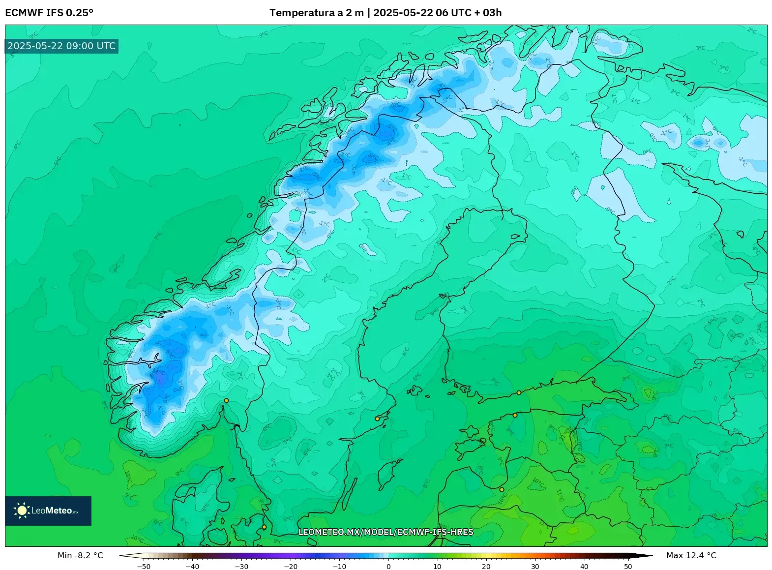 ECMWF IFS 0.25° model - Escandinavia, Temperatura a 2 m ECMWF IFS 0.25° model - Escandinavia, Temperatura a 2 m