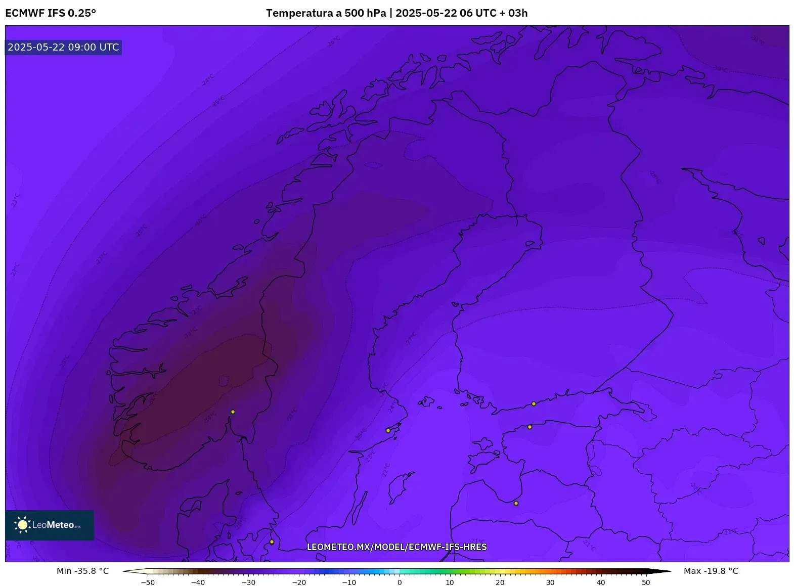 ECMWF IFS 0.25° model - Escandinavia, Temperatura a 500 hPa ECMWF IFS 0.25° model - Escandinavia, Temperatura a 500 hPa