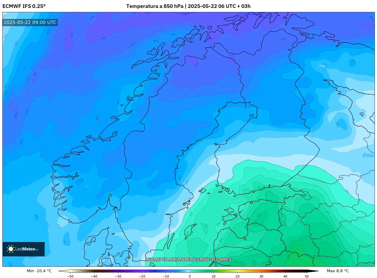 ECMWF IFS 0.25° model - Escandinavia, Temperatura a 850 hPa ECMWF IFS 0.25° model - Escandinavia, Temperatura a 850 hPa