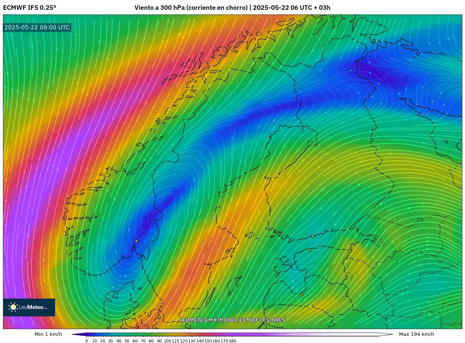 ECMWF IFS 0.25° model - Escandinavia, Viento a 300 hPa (corriente en chorro) ECMWF IFS 0.25° model - Escandinavia, Viento a 300 hPa (corriente en chorro)