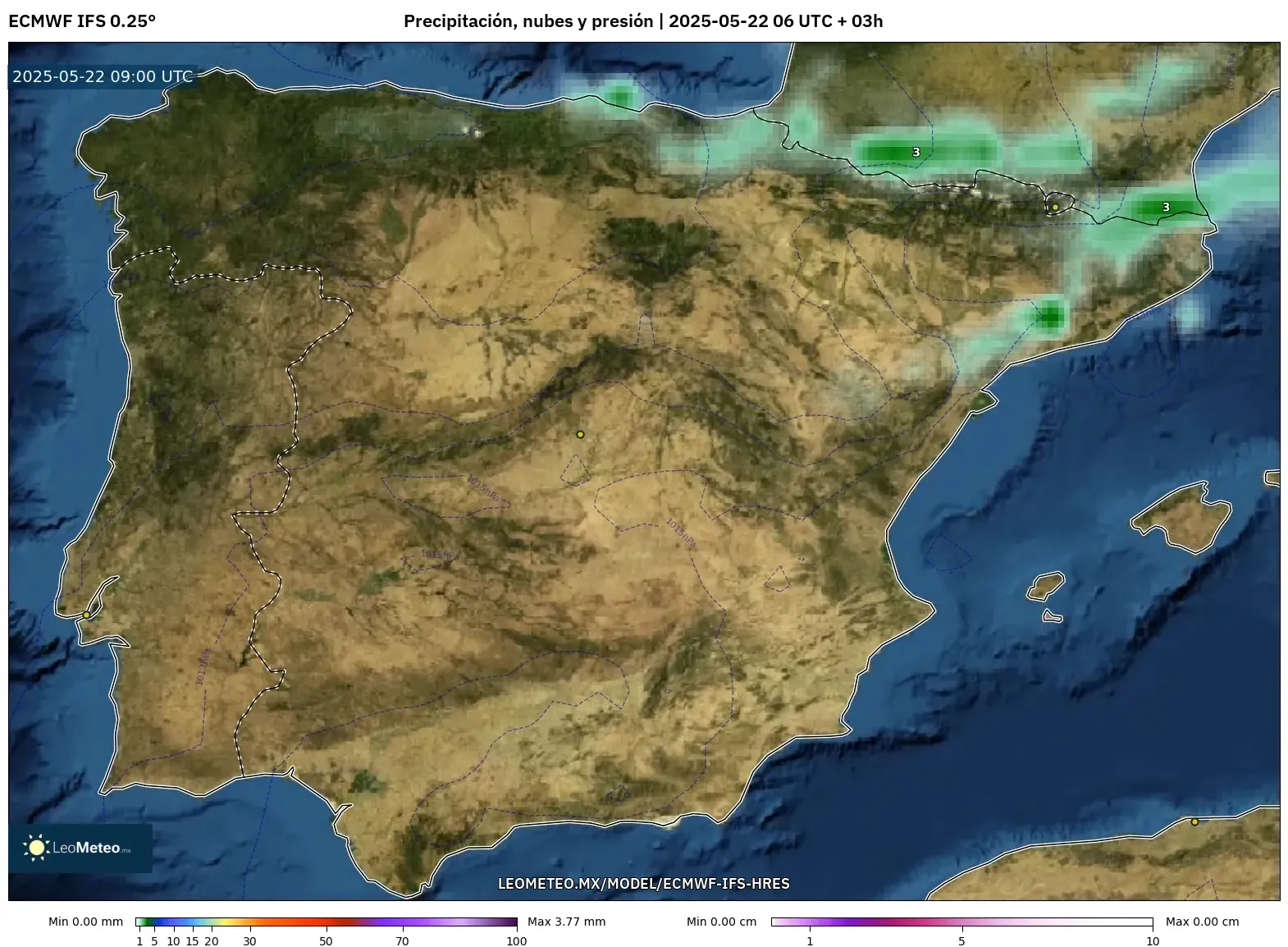 ECMWF IFS 0.25° model - España, Precipitación, nubes y presión ECMWF IFS 0.25° model - España, Precipitación, nubes y presión