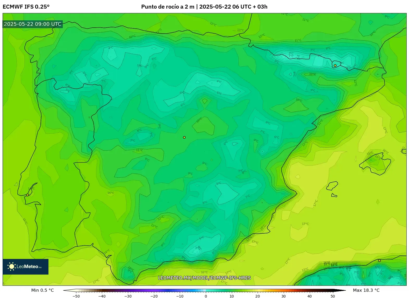 ECMWF IFS 0.25° model - España, Punto de rocío a 2 m ECMWF IFS 0.25° model - España, Punto de rocío a 2 m