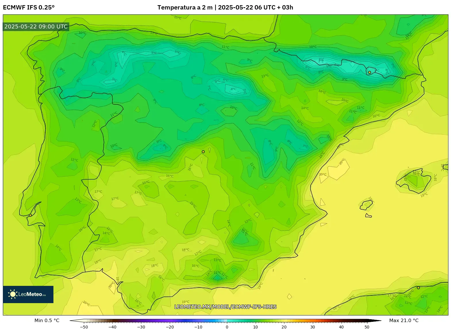 ECMWF IFS 0.25° model - España, Temperatura a 2 m ECMWF IFS 0.25° model - España, Temperatura a 2 m