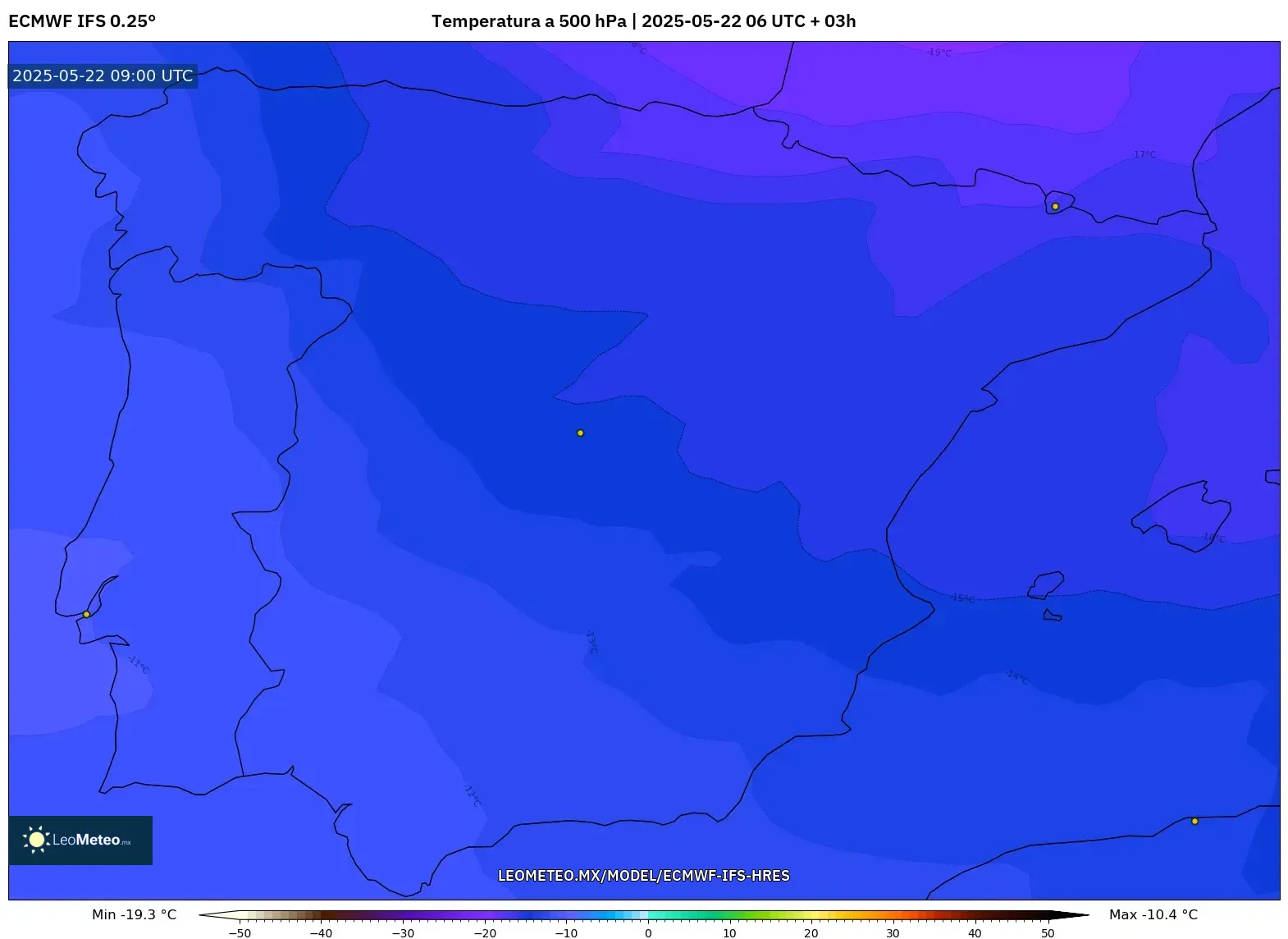 ECMWF IFS 0.25° model - España, Temperatura a 500 hPa ECMWF IFS 0.25° model - España, Temperatura a 500 hPa