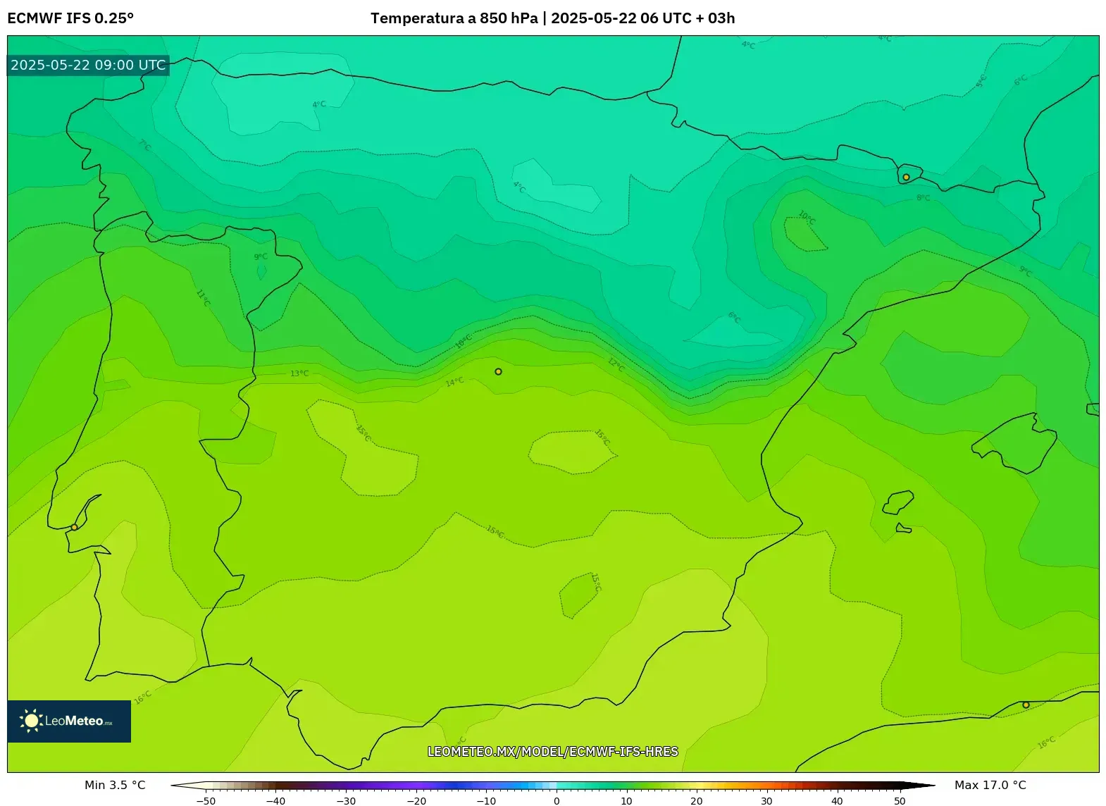 ECMWF IFS 0.25° model - España, Temperatura a 850 hPa ECMWF IFS 0.25° model - España, Temperatura a 850 hPa