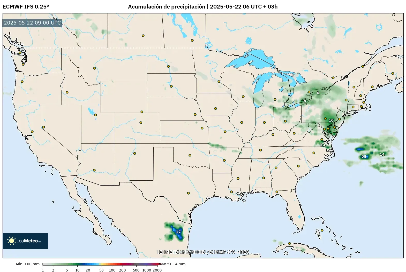 ECMWF IFS 0.25° model - Estados Unidos, Acumulación de precipitación ECMWF IFS 0.25° model - Estados Unidos, Acumulación de precipitación