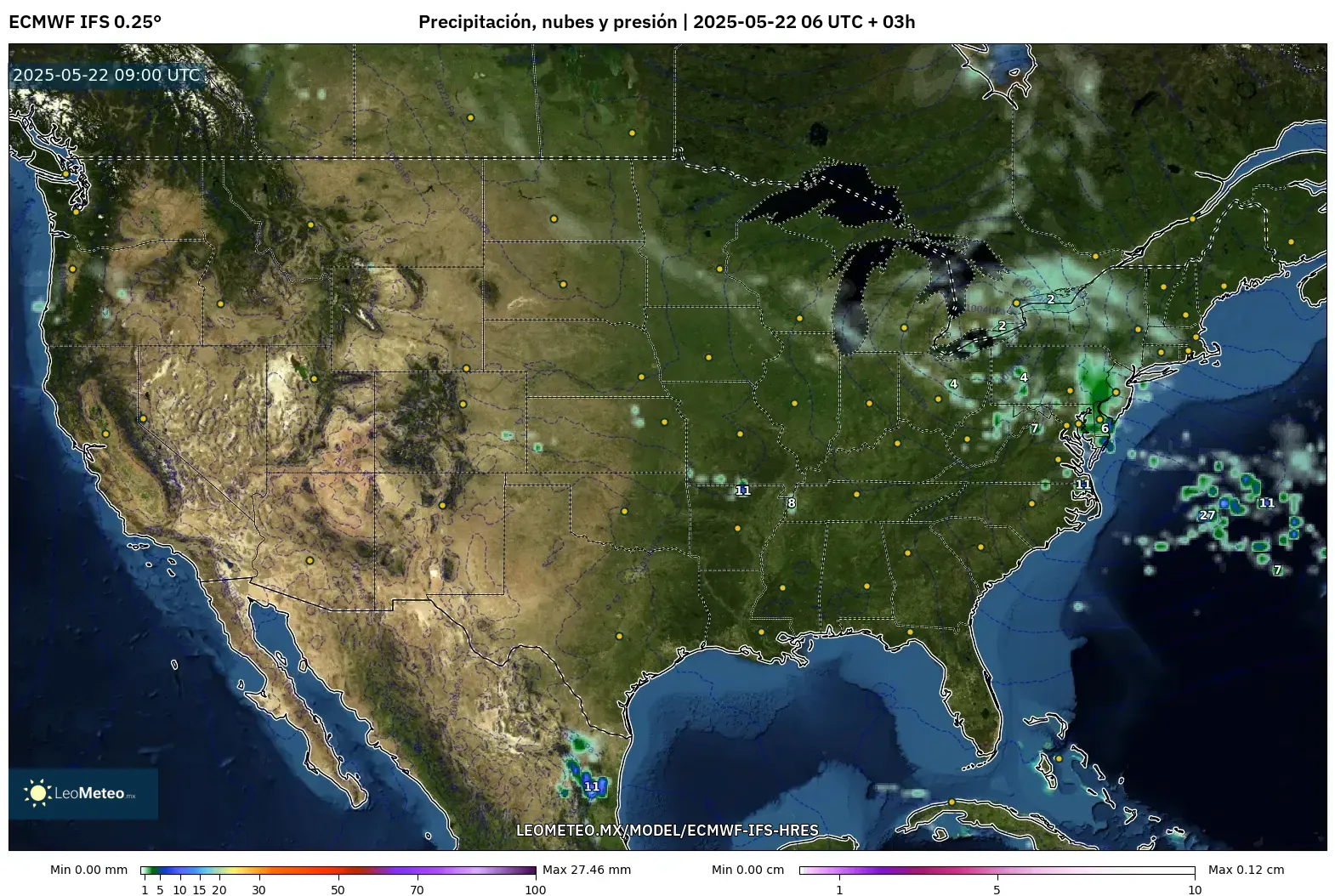 ECMWF IFS 0.25° model - Estados Unidos, Precipitación, nubes y presión ECMWF IFS 0.25° model - Estados Unidos, Precipitación, nubes y presión