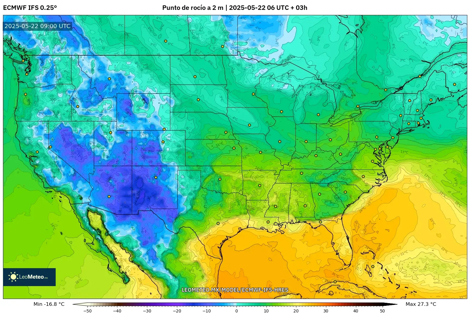ECMWF IFS 0.25° model - Estados Unidos, Punto de rocío a 2 m ECMWF IFS 0.25° model - Estados Unidos, Punto de rocío a 2 m