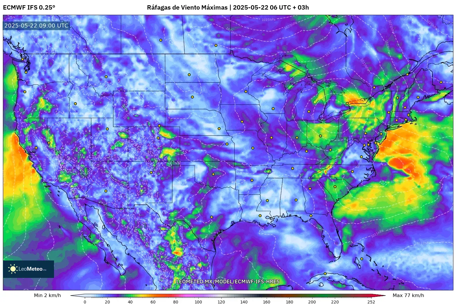 ECMWF IFS 0.25° model - Estados Unidos, Ráfagas de Viento Máximas ECMWF IFS 0.25° model - Estados Unidos, Ráfagas de Viento Máximas