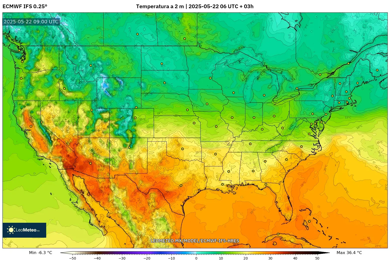 ECMWF IFS 0.25° model - Estados Unidos, Temperatura a 2 m ECMWF IFS 0.25° model - Estados Unidos, Temperatura a 2 m