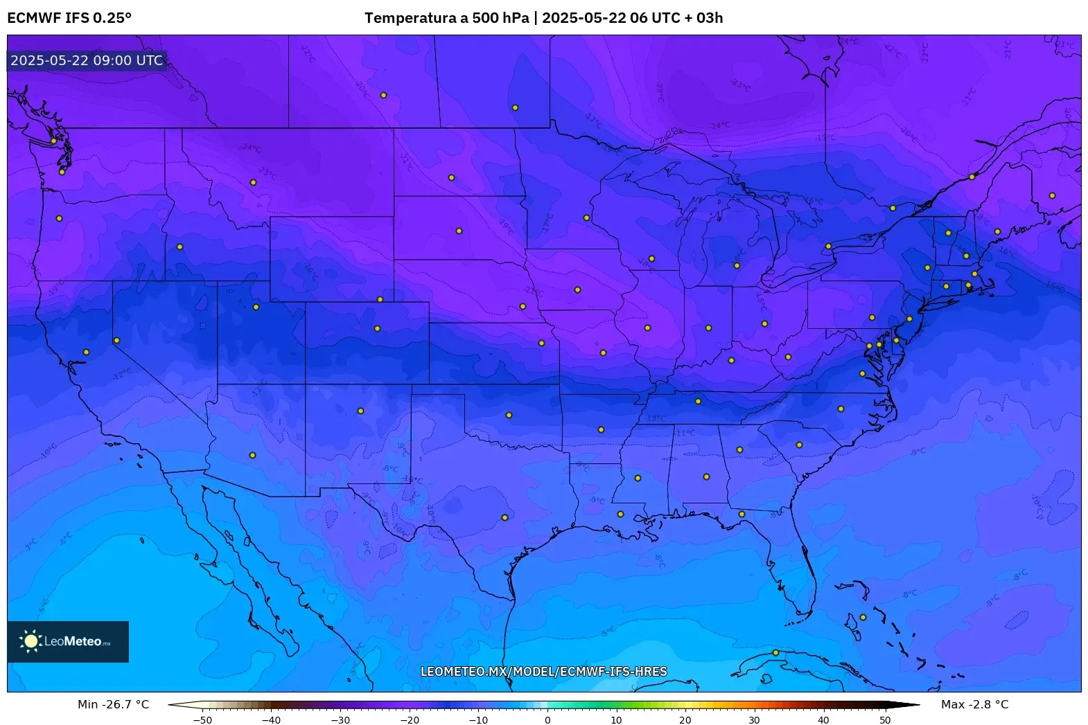 ECMWF IFS 0.25° model - Estados Unidos, Temperatura a 500 hPa ECMWF IFS 0.25° model - Estados Unidos, Temperatura a 500 hPa
