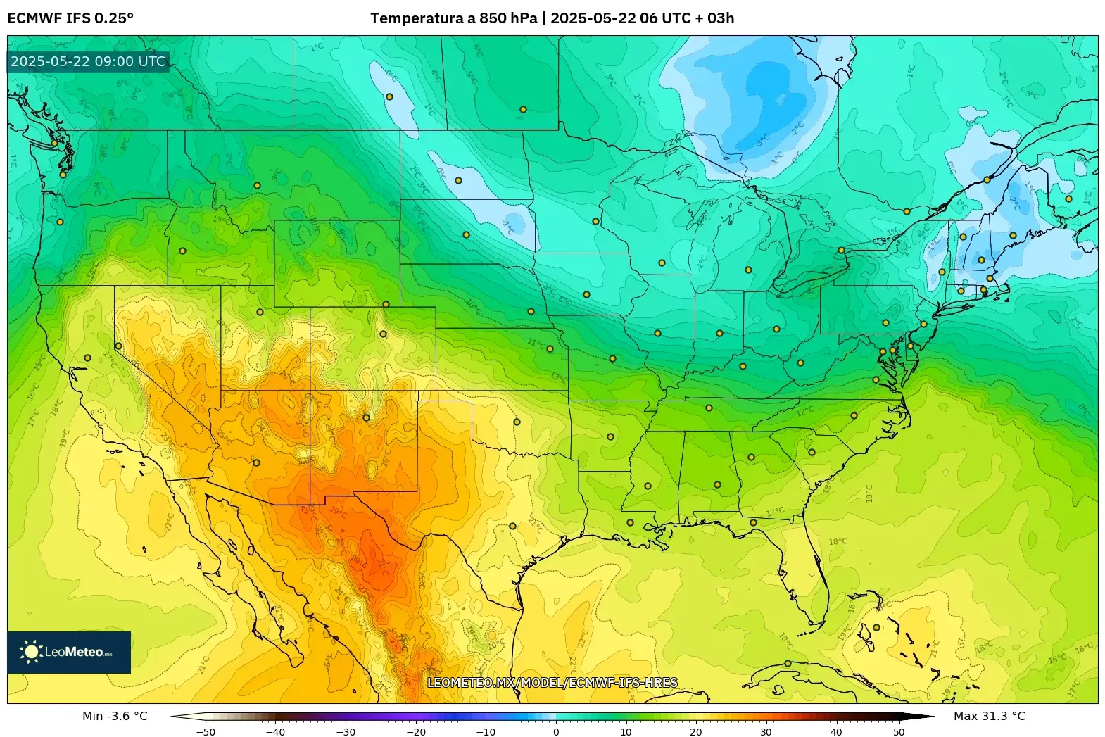 ECMWF IFS 0.25° model - Estados Unidos, Temperatura a 850 hPa ECMWF IFS 0.25° model - Estados Unidos, Temperatura a 850 hPa