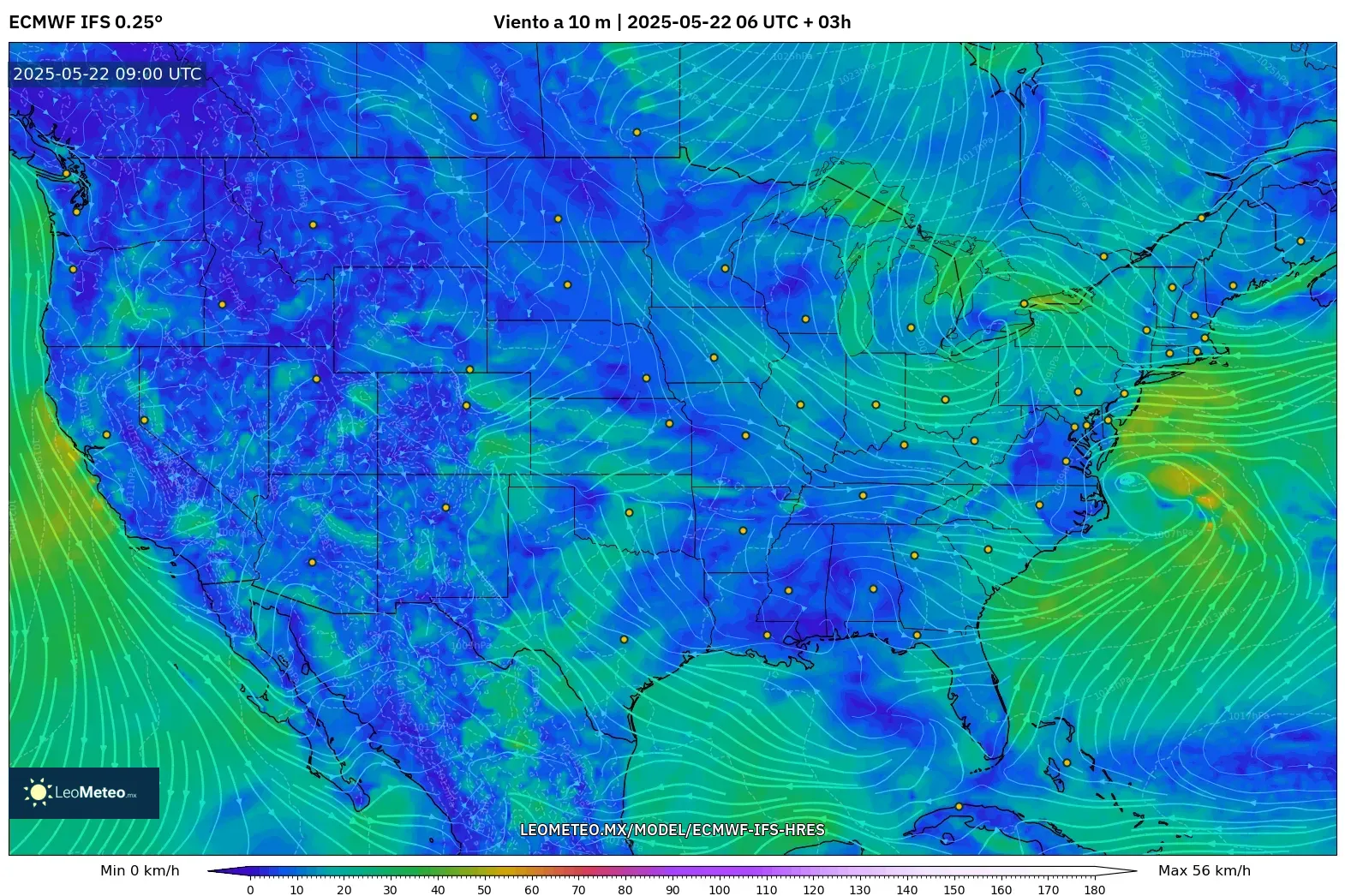 ECMWF IFS 0.25° model - Estados Unidos, Viento a 10 m ECMWF IFS 0.25° model - Estados Unidos, Viento a 10 m