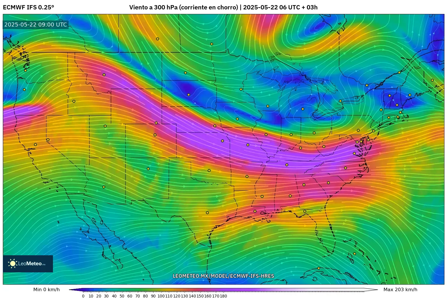 ECMWF IFS 0.25° model - Estados Unidos, Viento a 300 hPa (corriente en chorro) ECMWF IFS 0.25° model - Estados Unidos, Viento a 300 hPa (corriente en chorro)